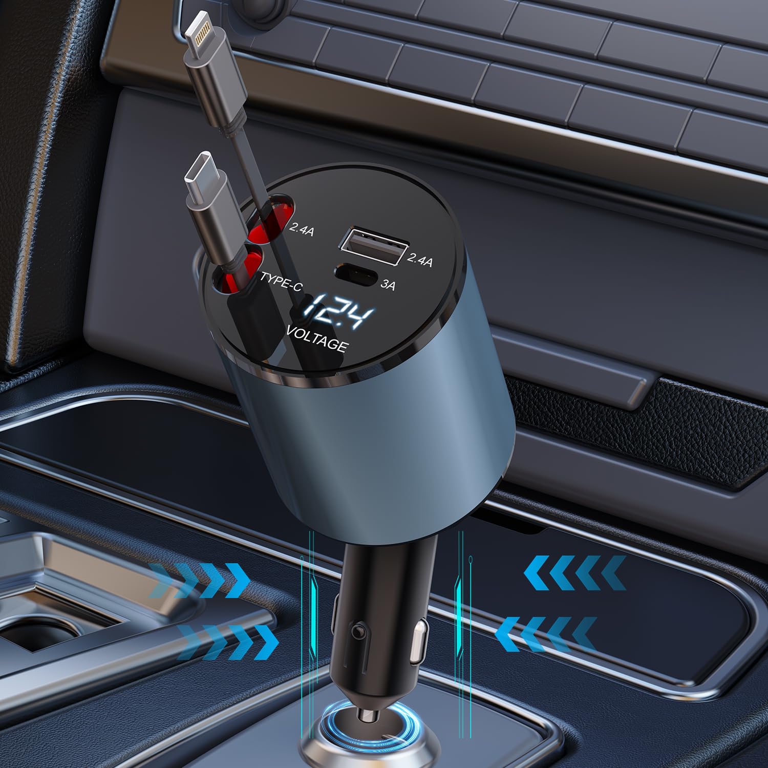 Retractable Car Phone Charger,69W Super Fast 4 in 1 USB C Car Charger Adapter Built-In Dual Retractable Cable for iPhone 17/16/15 Series, iPad, Galaxy, AirPods, and More