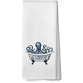 Mcehtle Chinoiserie Coastal Beach Octopus Hand Towels, Ocean Nautical Beachy Hand Towel for Bathroom Decor, Octopus Bathroom Decor, Coastal Marine Decorative Towels for Washroom Restroom 16x24 Inch