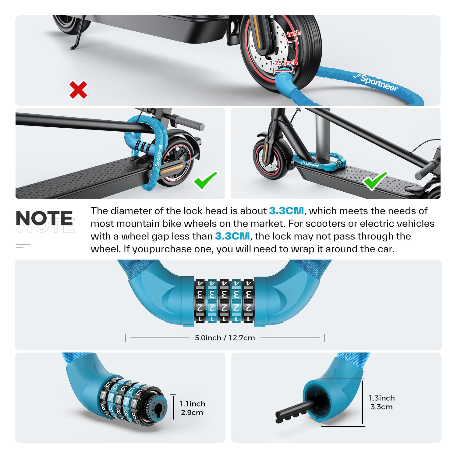 Sportneer Fahrradschloss, Zahlenschloss mit Zahlen und hoher Sicherheitsstufe Kettenschlösser Fahrrad 5-stellige Rückstellbar Radabsperrung mit Kette aus Gehärtetem Stahl 6 MM x 100/110/120CM 7
