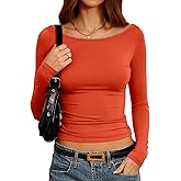 Mousnipy Women's Dressy Casual Boat Neck Tops Long Sleeve T Shirts Fall Basic Tops Slim Fit