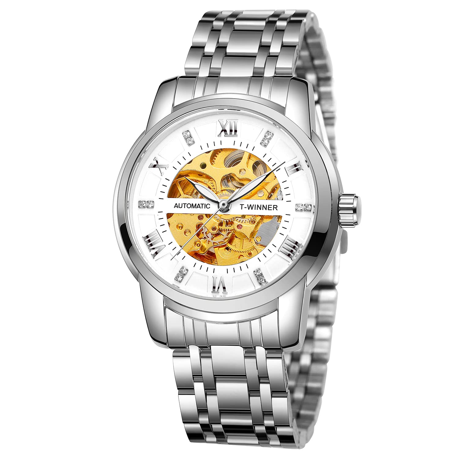 FORSINING Men's Automatic Self Winding Watch Luxury Skeleton Waterproof Stainless Steel Mechanical Wrist Watch (06-White)