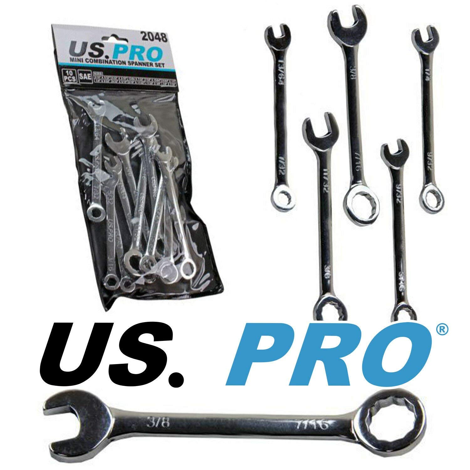 US PRO 10 Piece SAE/Imperial Mini Combination Spanner Set 2048