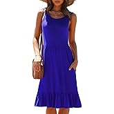 LILBETTER Women's Round Neck Summer Sundresses Casual Pleated Ruffle Hem Knee Length Sleeveless Tank Dress with Pockets