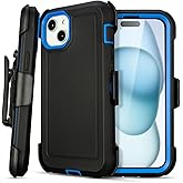 Yowtrey for Defender Black iPhone 15 Case with Clip,Shockproof Heavy Duty Rugged with Kickstand,2 Layers of Sturdy,Anti-Drop for Phone Case iPhone 15 Case Protective (Black+Blue)