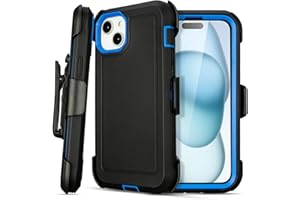 Yowtrey for Defender Black iPhone 15 Case with Clip,Shockproof Heavy Duty Rugged with Kickstand,2 Layers of Sturdy,Anti-Drop for Phone Case iPhone 15 Case Protective (Black+Blue)