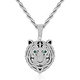 RepaTime Silver Tiger Pendant Necklace for Men Stainless Steel Rope Chain Iced Out Tiger Head Necklaces with Green Gemstone Mens Pendant Necklace Hiphop Jewelry
