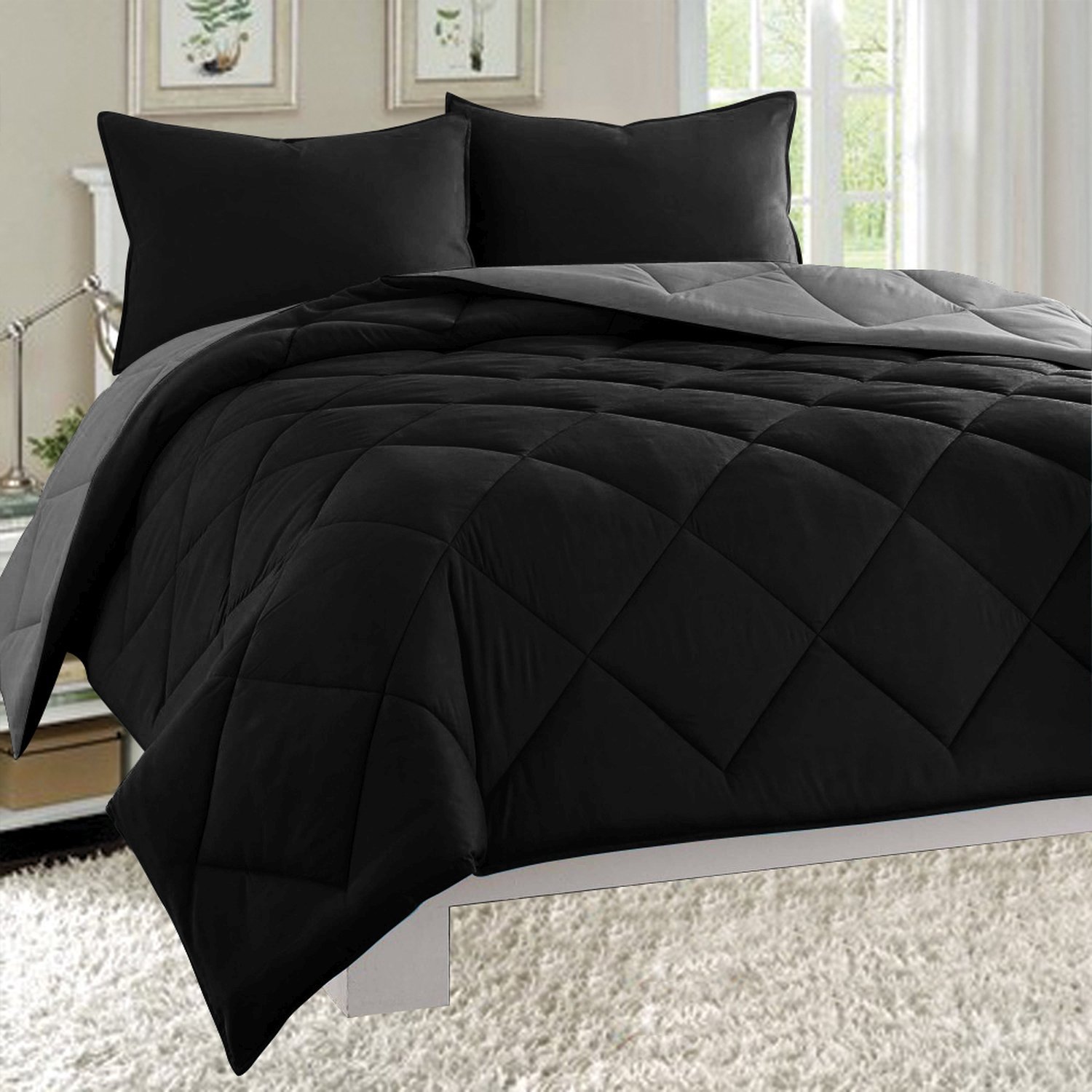 Elegant Comfort All Season Light Weight Down Alternative Reversible 3-Piece Comforter Set, King, Black/Grey Image