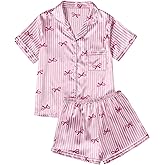 SHENHE Women's Satin Pajamas Set Bow Striped Button Down Short Sleeve Pjs Shorts Lounge Set