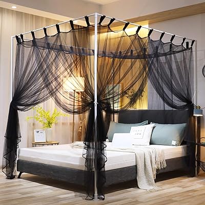 Mengersi 4 Corner Post Bed Canopy Curtains with Buttons, Black