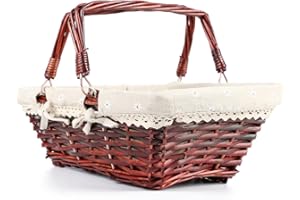 MEIEM Wicker Basket Gift Baskets Empty Rectangular Willow Woven Picnic Basket Cheap Easter Candy Basket Large Storage Basket Wine Basket with Handle Egg Gathering Wedding Basket (Brown)