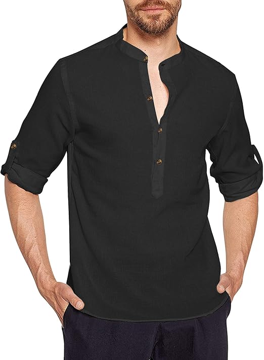 AUADTE Men's Linen Shirt Long Sleeve Roll Up Loose Fit Button Casual