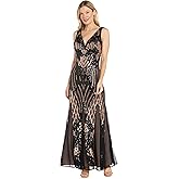R&M Richards Women's Vintage Inspired Sequin Embellished Mesh Maxi Dress | V-Neck Sleeveless Formal Gown | Cocktail Party