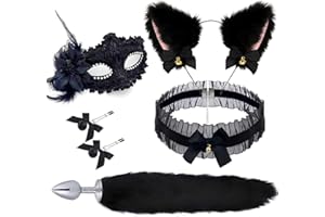 Fox Tail Anal Plug, 5-Piece Anal Plug Set with Cat Ears Headband, Nipple Clamps, and Necklace - Metal Butt Plug Sex Toys for 