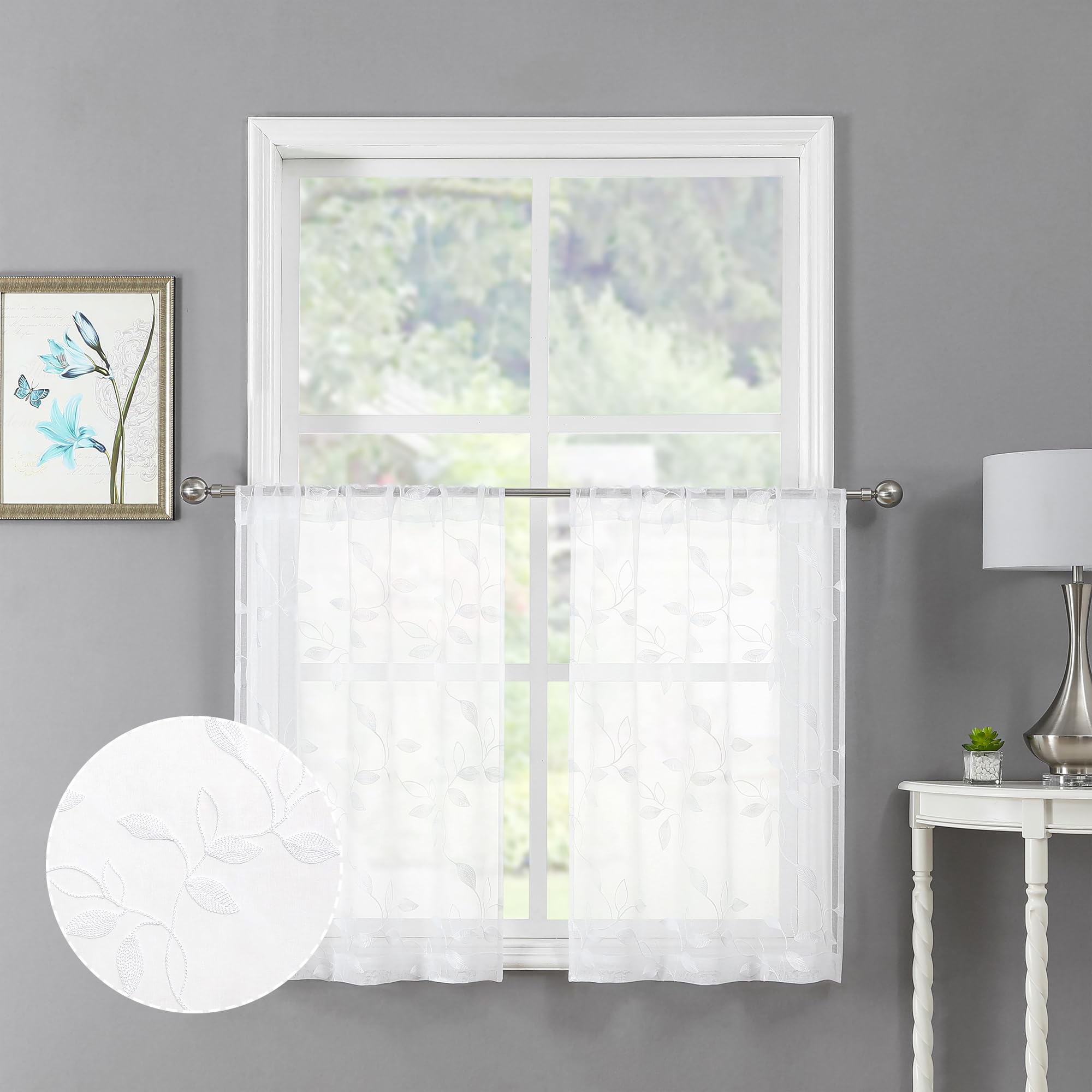Tollpiz White Leaf Sheer Tier Curtain Leaves Embroidered Kitchen Curtains Rod Pocket Voile Bathroom Window Treatment for Cafe, 30 x 36 inches Long, Set of 2 Panels