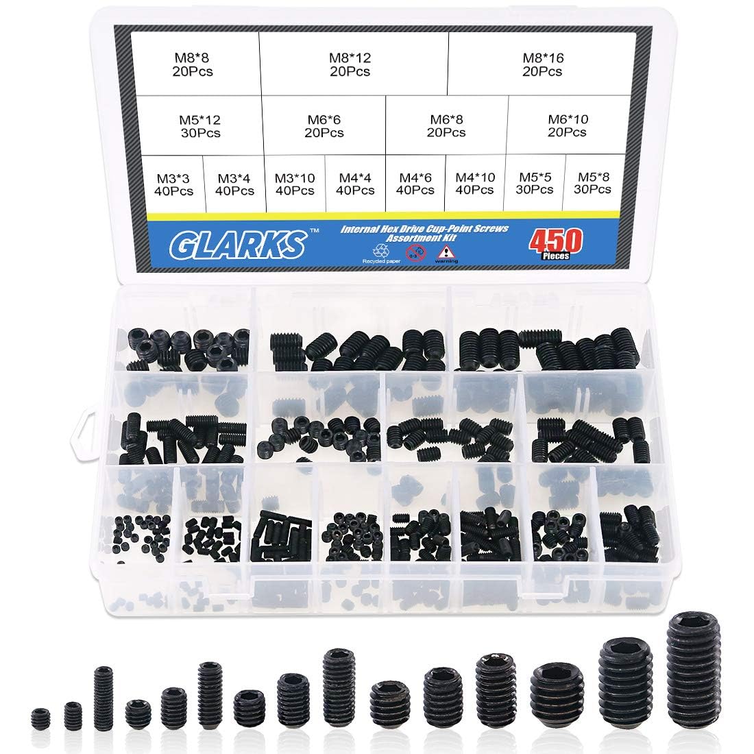 TOP-VIGOR 450Pcs Grub Screw Assortment Set, M3/M4/M5/M6/M8 Hex Socket Head Set Screws(Cup Point), Threaded Fasteners for Door Handle, Faucet, Light Fixture Home Repairs, Fixtures