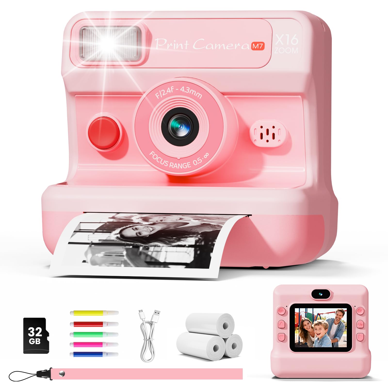 CalineGam Kids Camera Instant Print, 1080P HD Instant Print Camera for Kids with 32GB Card & 3 Rolls Paper, Dual-Lens Selfie Digital Toy, Christmas Birthday Gifts for Girls and Boys Age 3-12
