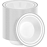 BESTSTAR 200 Pack Disposable Soup Bowls with Silver Rim, 12oz Premium Heavy Duty Plastic Dinner Bowls for Party, Wedding and Holiday