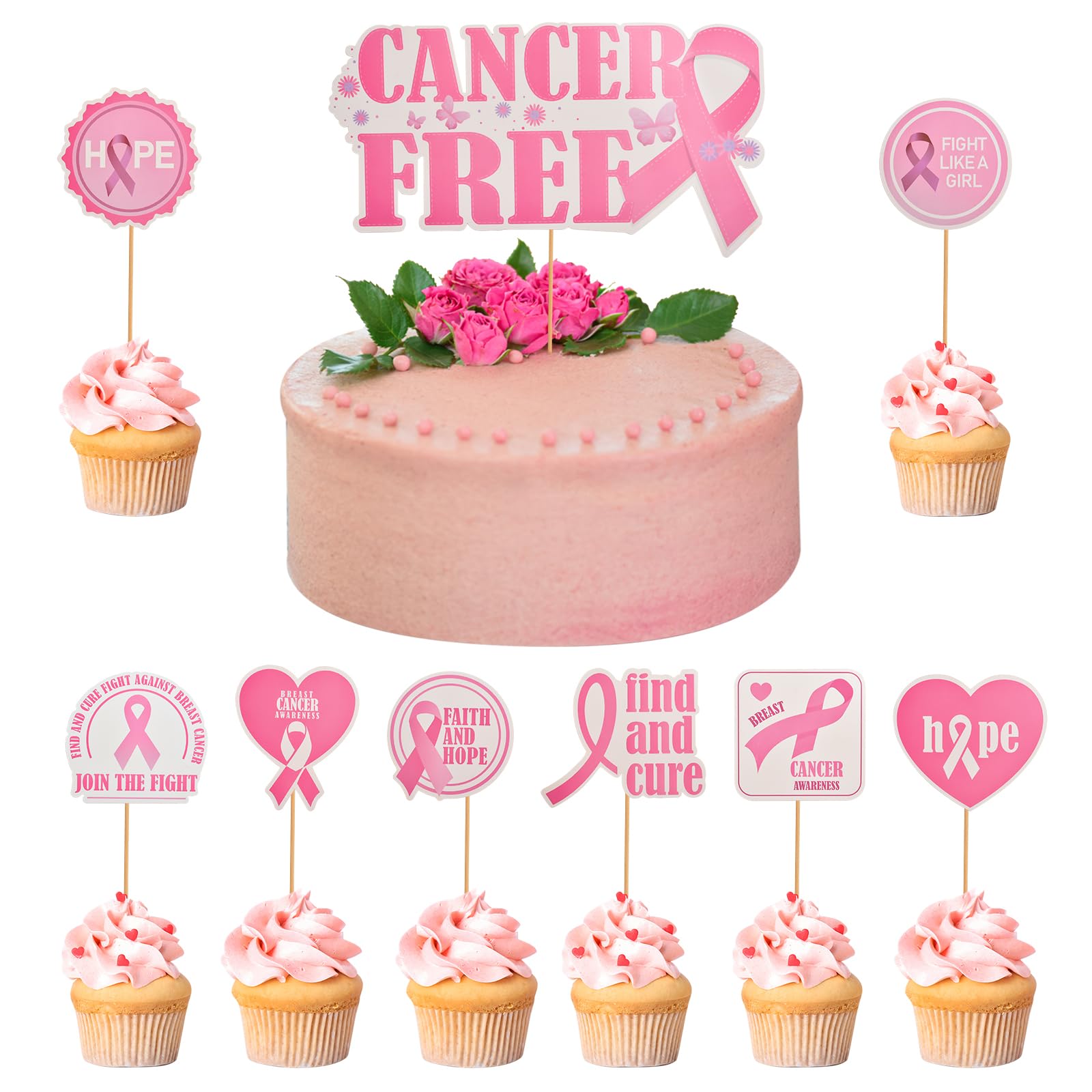 WANDIC 9Pcs Pink Ribbon Cupcake Toppers, Breast Cancer Awareness Cupcake Sticks Cake Dessert Decorations Supplies for DIY Party