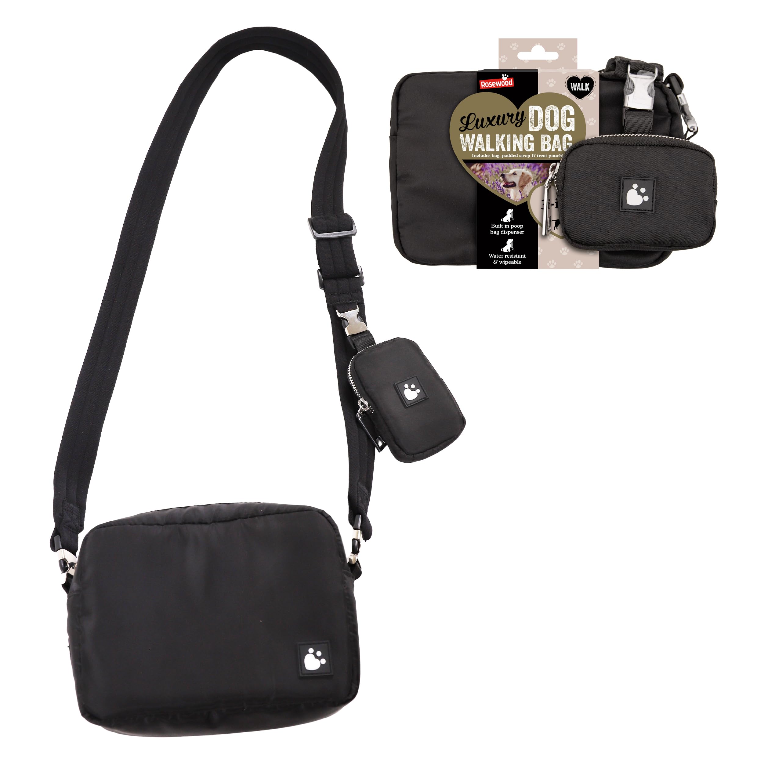 Rosewood Dog Walking Bag with Detachable Treat Pouch & Poop Bag Dispenser | Water-Resistant, Wipe Clean Crossbody Bag | Adjustable Strap, Hands-Free, Stylish, Practical Dog Training Bag - Black