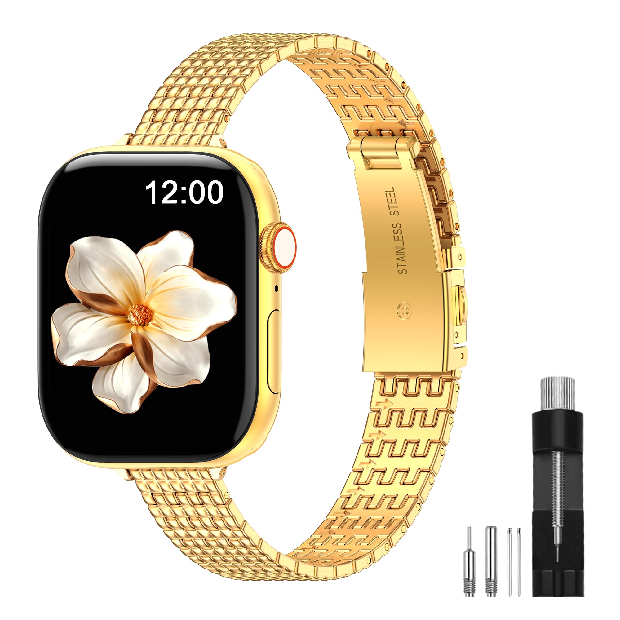 Photo 1 of MioHHR Slim Metal Band Compatible with Apple Watch Bands 38mm 40mm 41mm 42mm(Series 11 10),Thin Stainless Steel Replacement Strap for Women iWatch Series 9 8 7 6 5 4 3 2 1 SE3/2/1,Gold