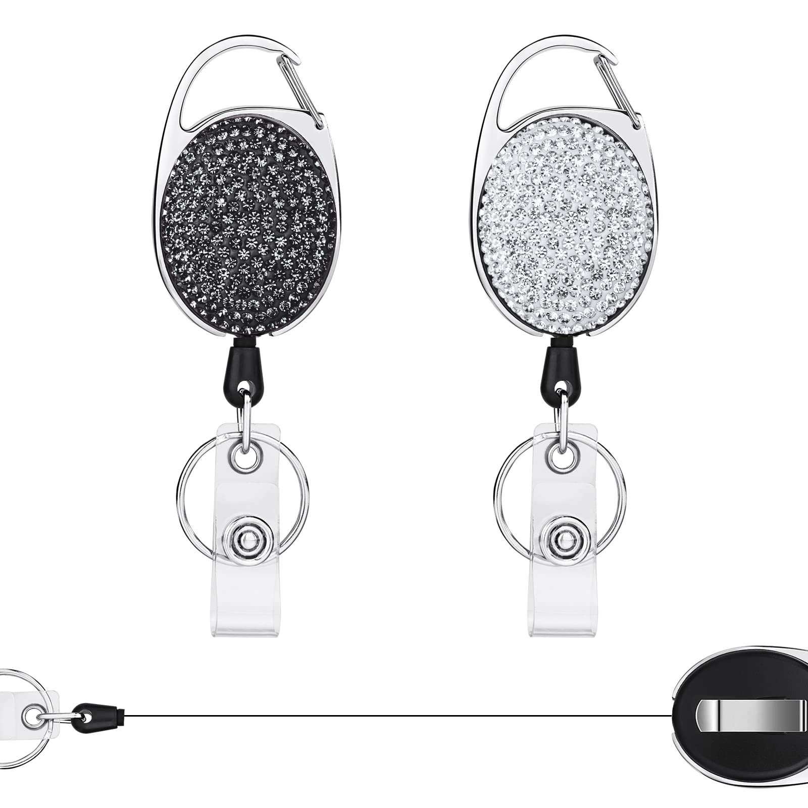 Vicloon Retractable ID Badge Holder, 2pcs ID Name Badge Reels, Key Lanyard Belt Clip with Bling Rhinestones Retractable Card Holder for Office Worker Teacher Doctor (Black, White)