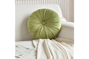 Eoieov Velvet Round Pillow Small Circle Decorative Pillow with Pleated Button Sage Green Cover Plush Throw Pillow for Living Room Bedroom 13.78"*13.78"