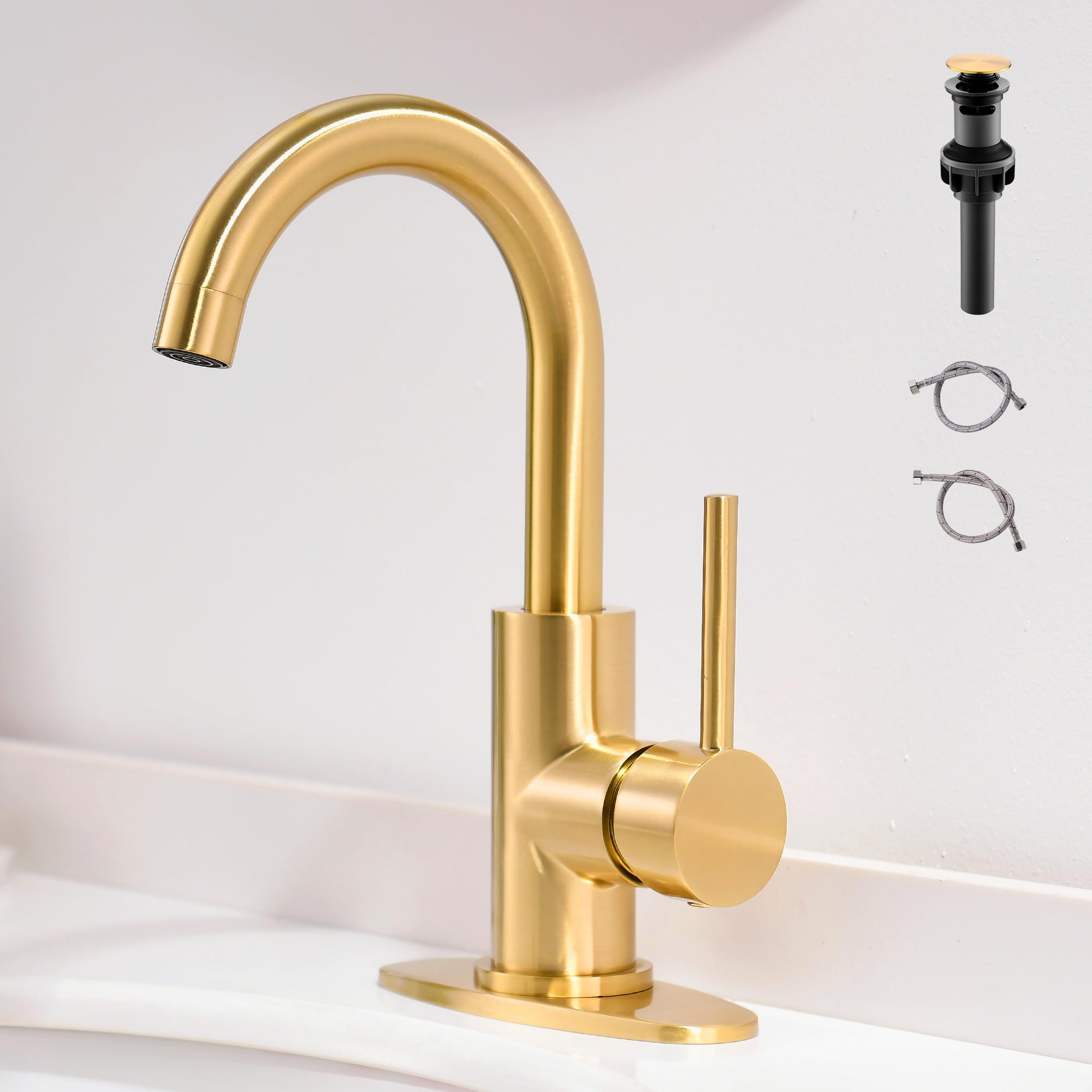 Photo 1 of FROPO Gold Bathroom Faucets - Single Hole Waterfall Vanity Sink Faucet with Drain Assembly, Brushed Gold Waterfall Bathroom Faucets 360° Swivel Spout Vanity Faucet Single Handle Lavatory Faucets