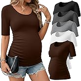 Sweetyweee 5 Pack Women's Maternity Shirts, Scoop Neck Maternity Top Casual Half Sleeve Tee Side Ruched Pregnancy Clothes
