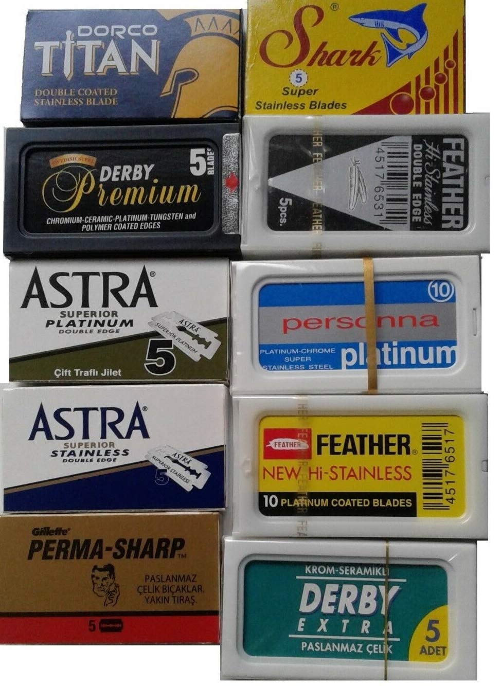 Photo 1 of 100 Shaving Safety Razor Double Edge Blades of 10 Top Brands - Feather ASTRA PERSONNA.Sampler Pack