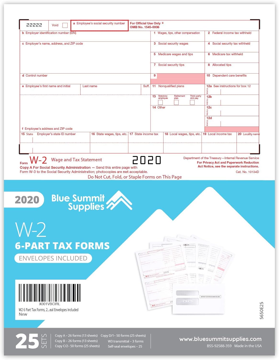 W2 Forms 2020, 6 Part Tax Forms, 50 Employee Kit of Laser Forms, Compatible with QuickBooks and Accounting Software, 50 Self Seal Envelopes Included : Office Products