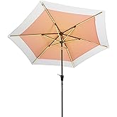 JONATHAN Y UMB1100D Spencer 9 ft. Classic Coastal 2-Tone Solar LED Market Patio Umbrella with 12 LED Strip Lights, Auto-Tilt, Crank and UV Protection in Coral Pink/White