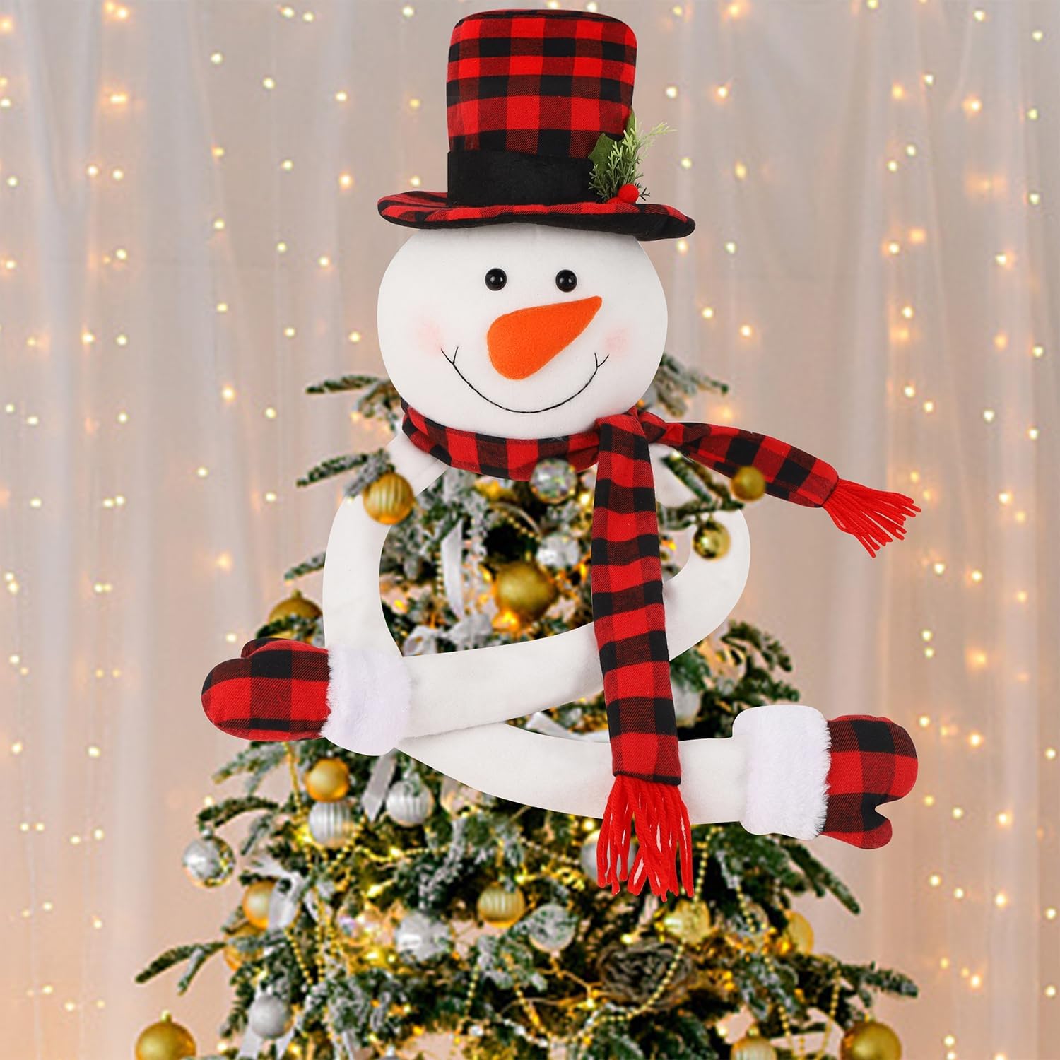 Tree Toppers - Juegoal Christmas Snowman Tree Topper, Large Plush Snowman Treetop Hugger with Red Black Plaid Top Hat & Scarf, Xmas Tree Ornament Supplies Holiday Winter Home Wonderland Party Decorations