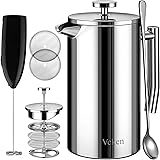 Veken French Press Coffee Tea Maker 34oz, 304 Stainless Steel Insulated Coffee Press with 4 Filter Screens Milk Frother, Rust