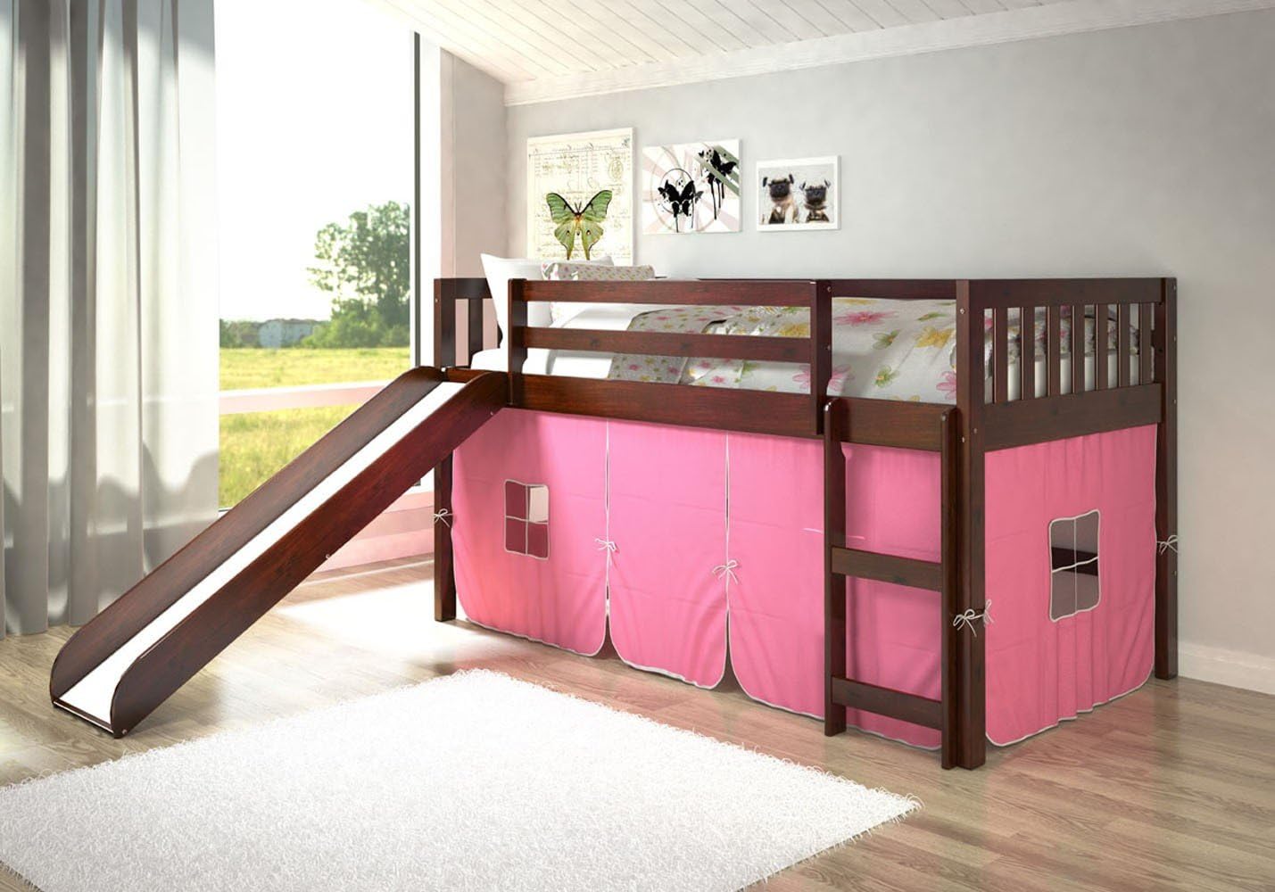 Bunk Bed Slide with Pink Tent & Free Storage Pockets