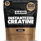 Gains in Bulk Instantized Creatine Monohydrate, Unflavored, 100 Servings | Soluble Powder, Muscle Building &amp; Strength, Performance &amp; Bodybuilding, Pre Workout for Men &amp; Women