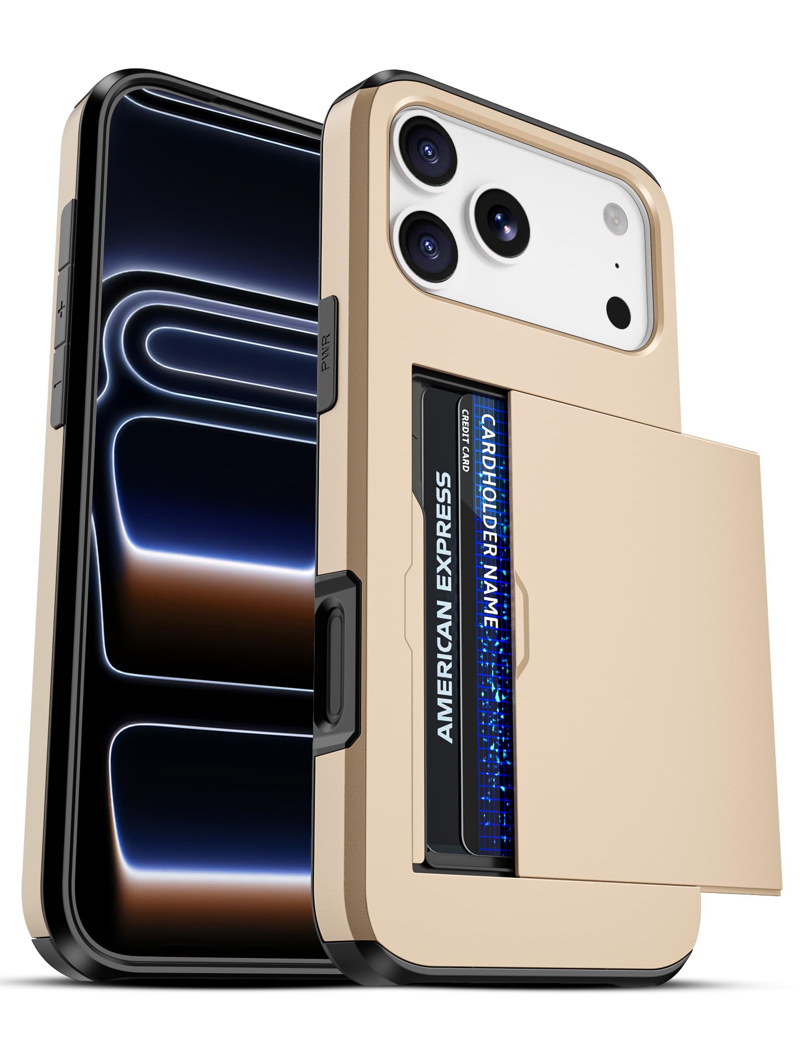 Jiunai for iPhone 17 Pro Max Case Wallet Holds 2 Cards, Slide Card Slot Holder for ID Credit Card License, Shockproof Protective Phone Cover for iPhone 17 Pro Max 6.9" 2025 Women Men Gold