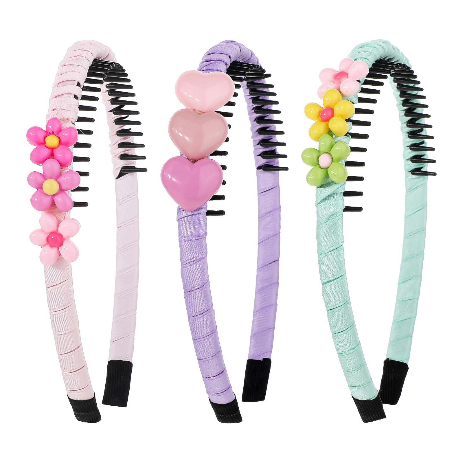 COMNICO Plastic Headbands, 3Pcs Non-slip Headbands with Teeth Colorful Heart Flower Head Bands for Kids Cute Hair Comb Head Bands