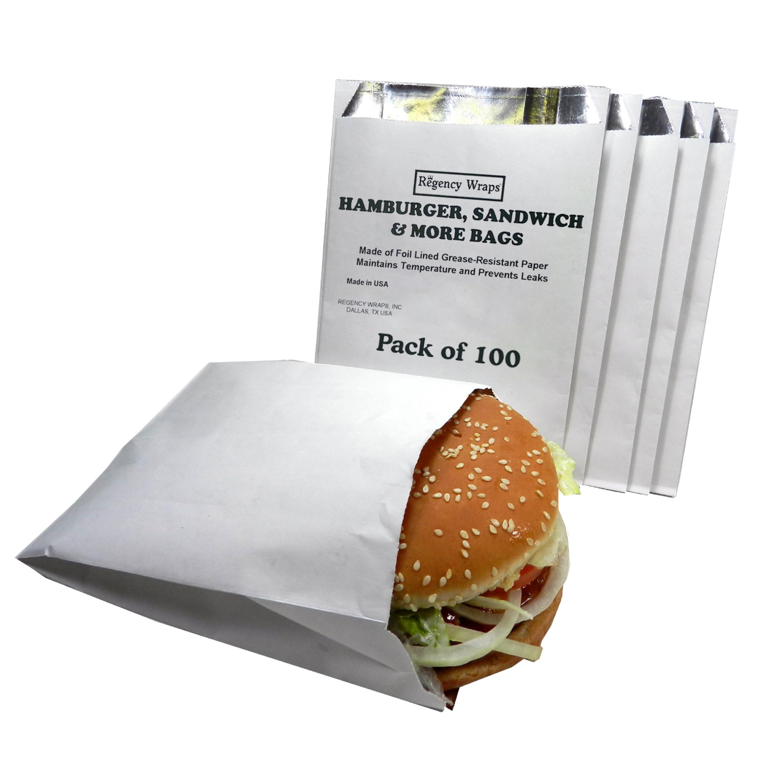 Regency Wraps Grease Resistant Snack Serving Bags, Foil Lined, Pack of 100 for Burgers, Sandwiches, Panini's, Pitas, Insulated to Keep Food Warm