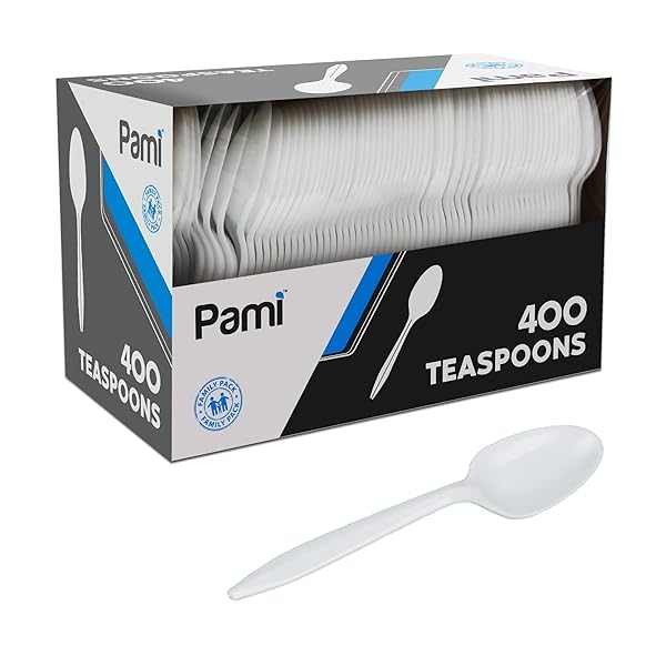 PAMI 400-PACK MEDIUM WEIGHT DISPOSABLE PLASTIC TEASPOONS, BULK UTENSILS FOR PARTIES, WEDDINGS, CATERING, PLASTIC FORKS IN BULK AVAILABLE (TEASPOONS WHITE)