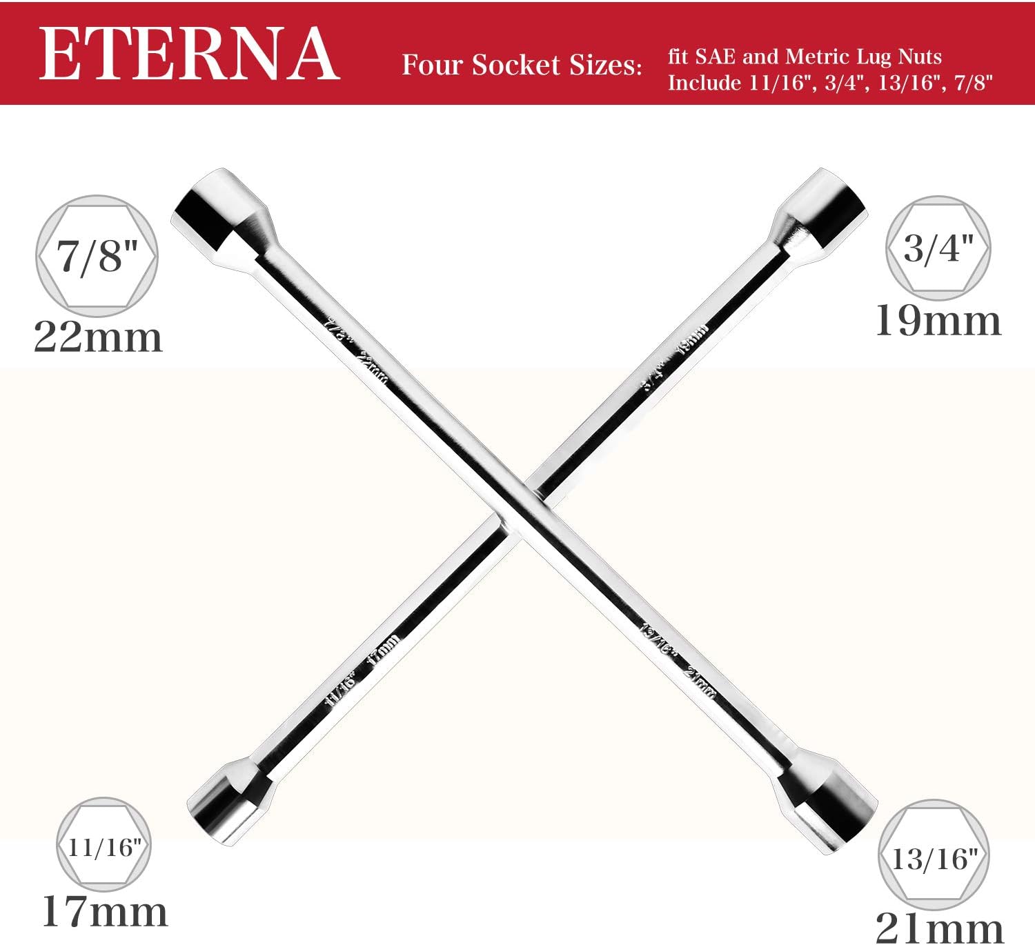 ETERNA Professional 16" Four Way Lug Wrench, Anti-Slip Design Cross Wrench, Heavy Duty Lug Nut Wrench, Carbon Steel Socket Spanner, Universal Car Tire Wheel Repair Tool: Automotive