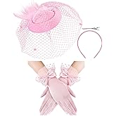 Geyoga 50s Fascinators Hat for Women 20s Feather Pillbox Hair Clip Funeral Tea Party First Communion Headpiece and Lace Glove