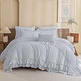 Masaca Ruffled Comforter Set for Queen Bed,3 Pieces Vintage Farmhouse Shabby Bedding Set Lightweight Ultra Soft French Country Bedding (1 Cornflower Blue Comforter +2 Pillowcases)