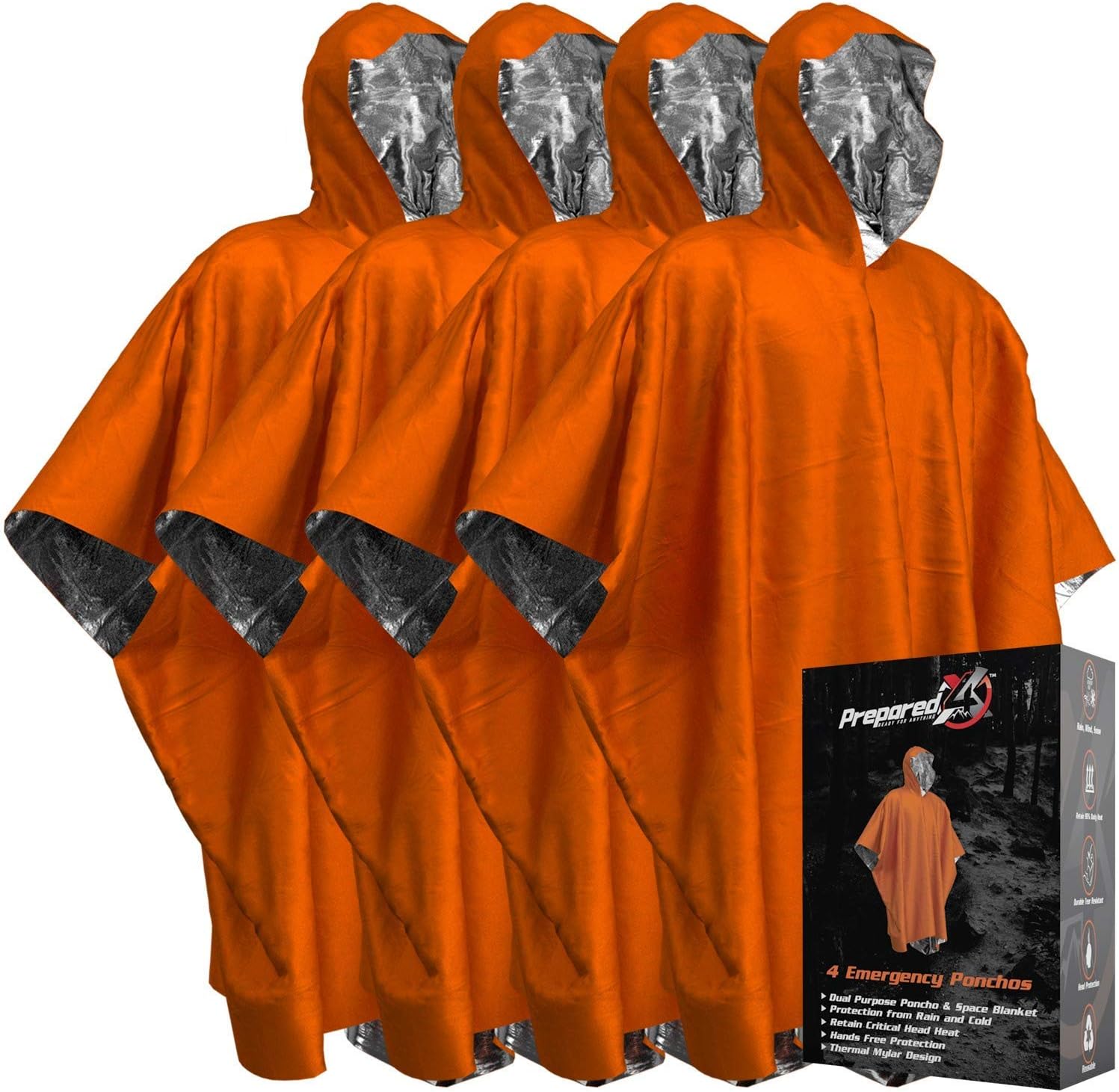 Emergency Blanket Poncho - Keeps You and Your Gear Dry and Warm | Survival Gear and Equipment for Outdoor Activity | Camping and Hiking Gear | Thermal Mylar Space Rain Ponchos | 4 Pack (Orange): Home & Kitchen
