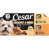 Cesar Classic Loaf Wet Dog Food, Breakfast &amp; Dinner, 3.5 oz, 12 Count | Steak &amp; Eggs &amp; Chicken &amp; Liver flavors, real beef or chicken #1 ingredient, easy to digest, no fillers, easy peel trays