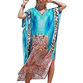 IMAGEKOPE Women's Plus Size Loose Fit Moroccan Print V-Neck Batwing Kaftan Beach Dress Bathing Suit Cover Up