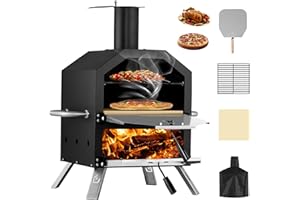 PIZZELLO Outdoor Wood Fired Pizza Maker 2-Layer with Pizza Stone, Peel & Rack - Waterproof Cover & Folding Legs for Camping, BBQ & Gifts (26 Inch)