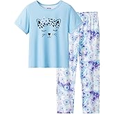Little Big Girls Pajamas 2PCS Set Soft Cartoon Short Sleeve with Tie Dye Pants Sleepwear Teens PJS Clothes Size 6-16
