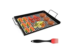 AQUEENLY Grill Basket Nonstick Grill Topper with Holes, BBQ Grill Tray Vegetable Grill Pans for Outdoor Grill, Grill Wok Grill Cookware Grill Accessories for Vegetable, Meat, Fish, Shrimp 17"x11.4"