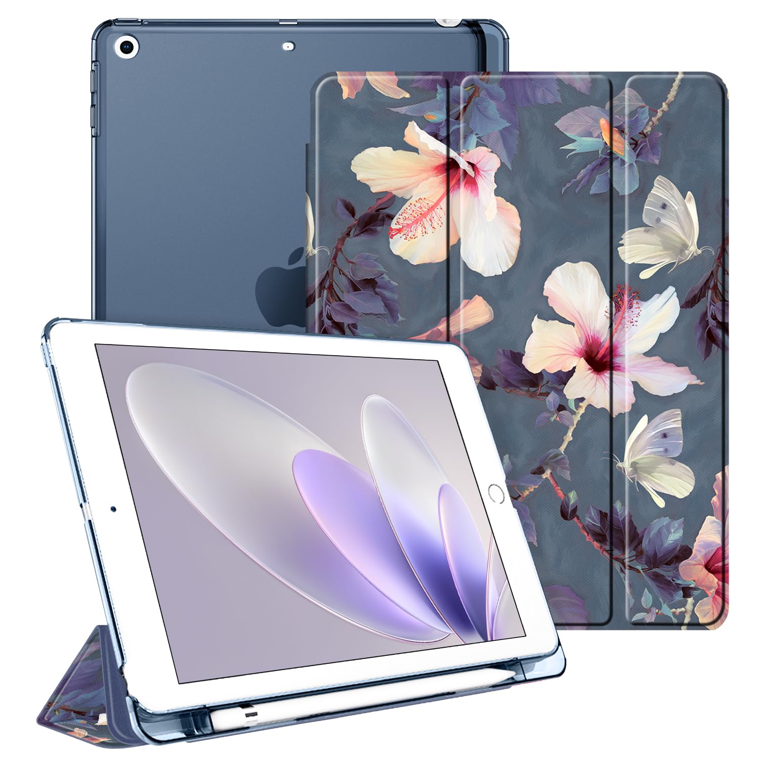 FINTIE Case Compatible with iPad 6th Generation (2018) / iPad 5th Generation (2017) 9.7 inch, Slim Cover with Frosted Back w/Pencil Holder, Support Auto Wake/Sleep, Blooming Hibiscus
