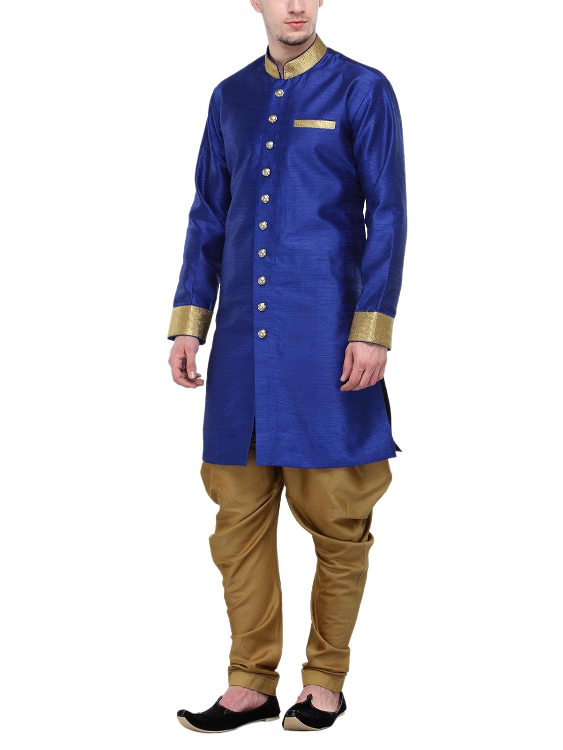 rg designers royal blue and gold plain sherwani for men